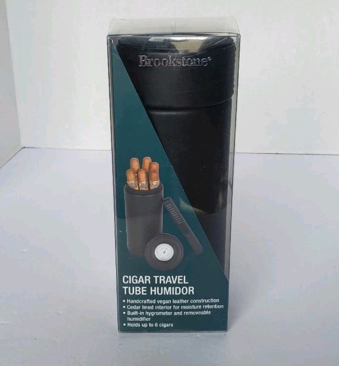 Black Brookstone Cigar Travel Tube Humidor Removable Hygrometer Cedar Lined