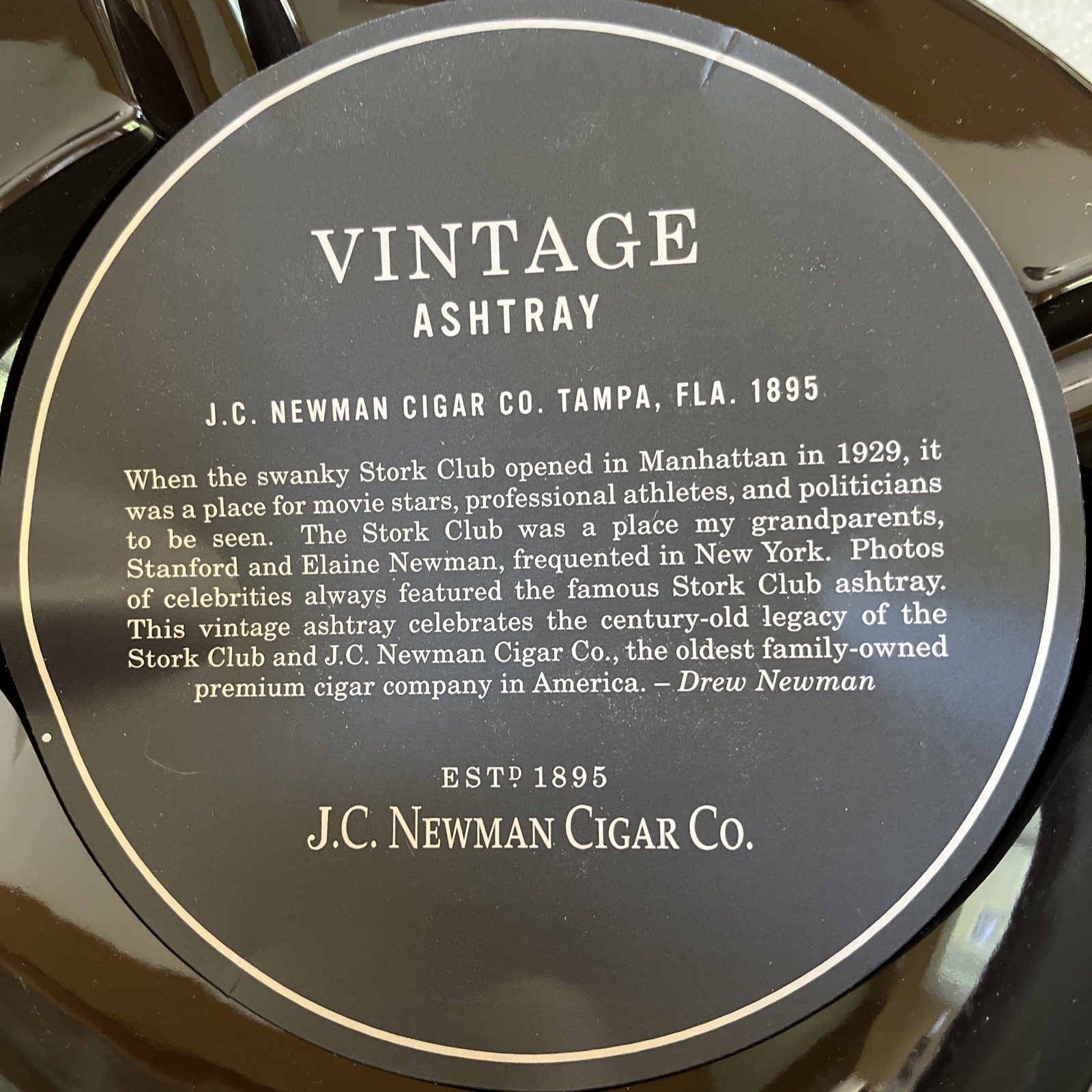 JC Newman Cigar Co, Tampa Fla. Est 1895 Large Ceramic Ashtray -Stork Club Style