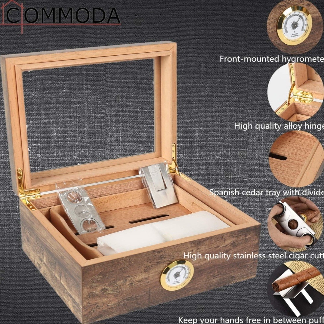 Commoda Desktop Cigar Humidor Hygrometer & Removable Slotted Wood Shelf/Tray