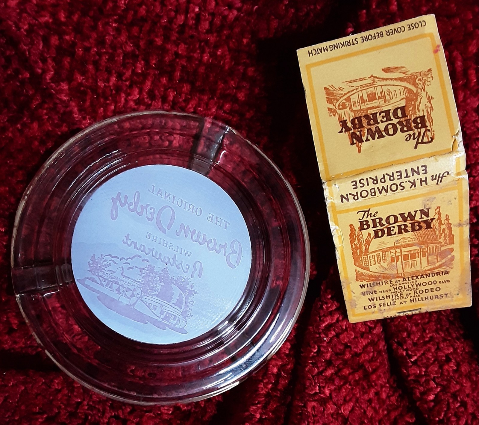 Original Brown Derby Wilshire Restaurant Glass Ashtray Full Matchbk- Los Angeles