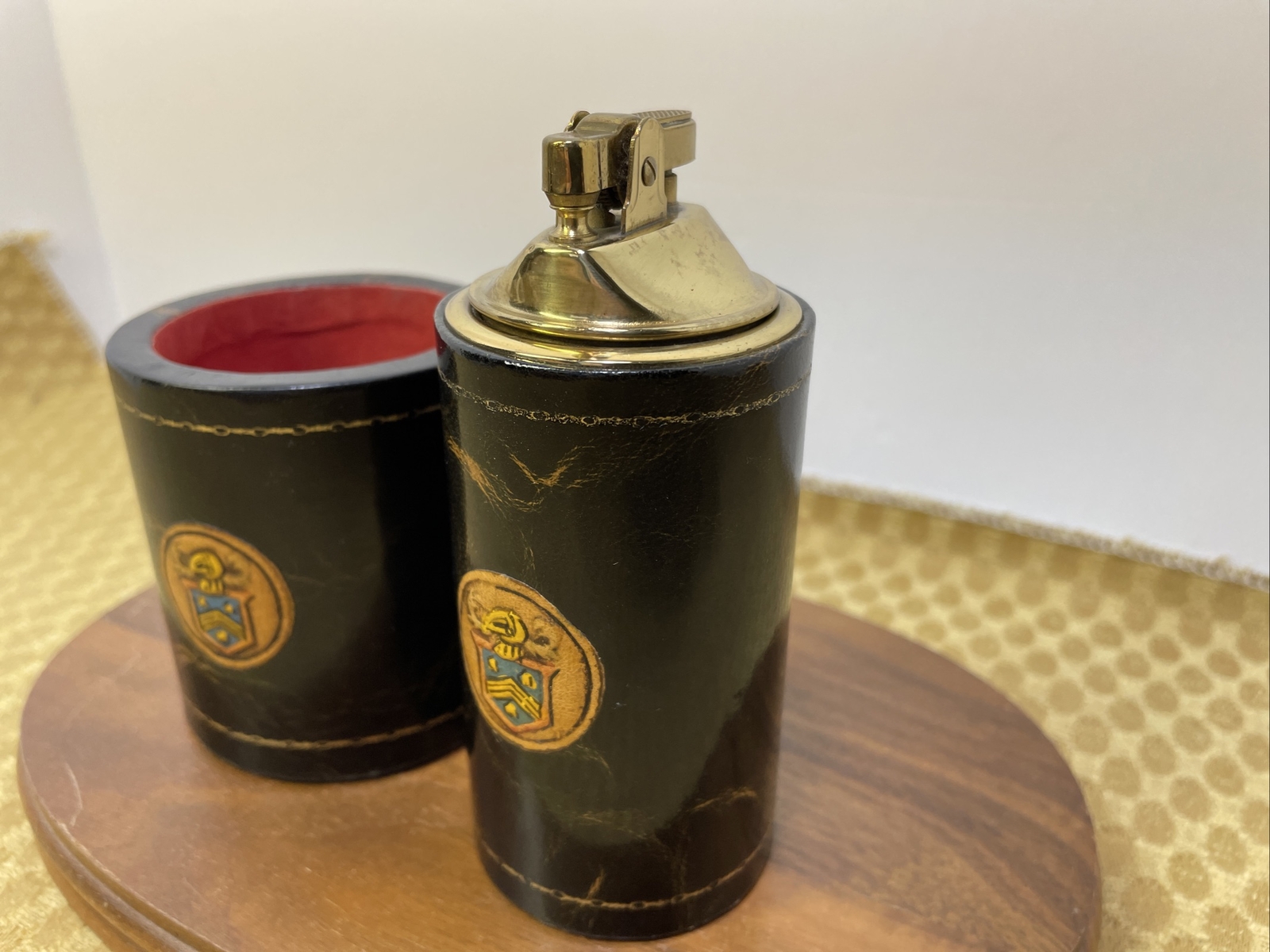 Vtg. Spain Polished Lambskin Cigarette Lighter & Cup Holder Smoke Set Pioneer