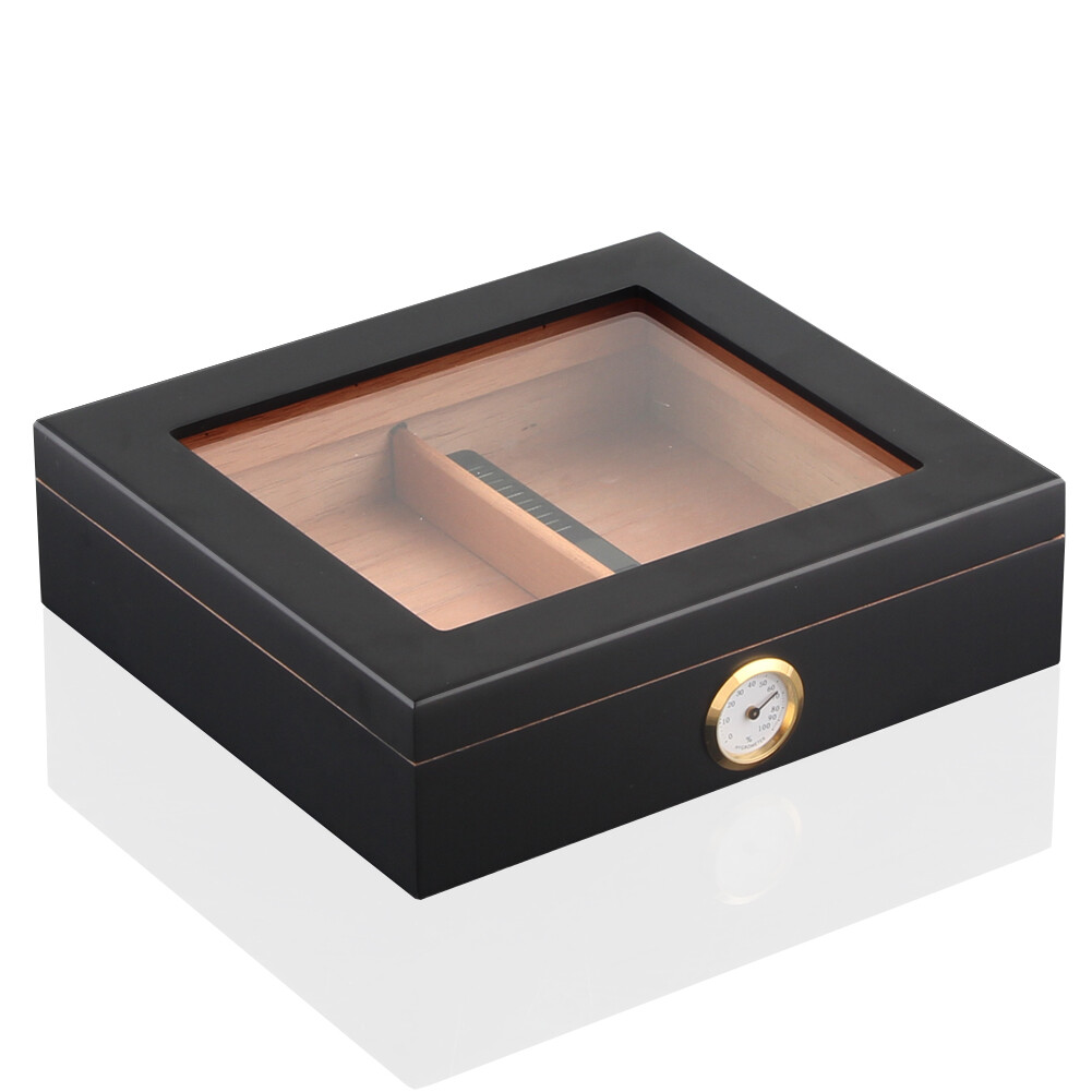 20ct Cigar Humidor Storage Box Desktop Glasstop Humidifier Hygrometer Wooden