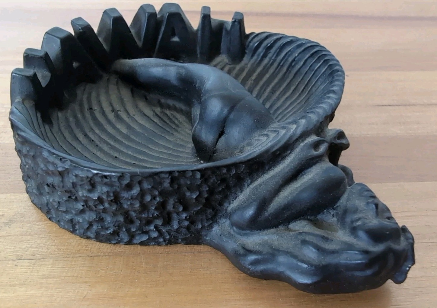 Hawaiian Hula Girl Ashtray Made with Hawaii lava 1974 (read sticker on back)
