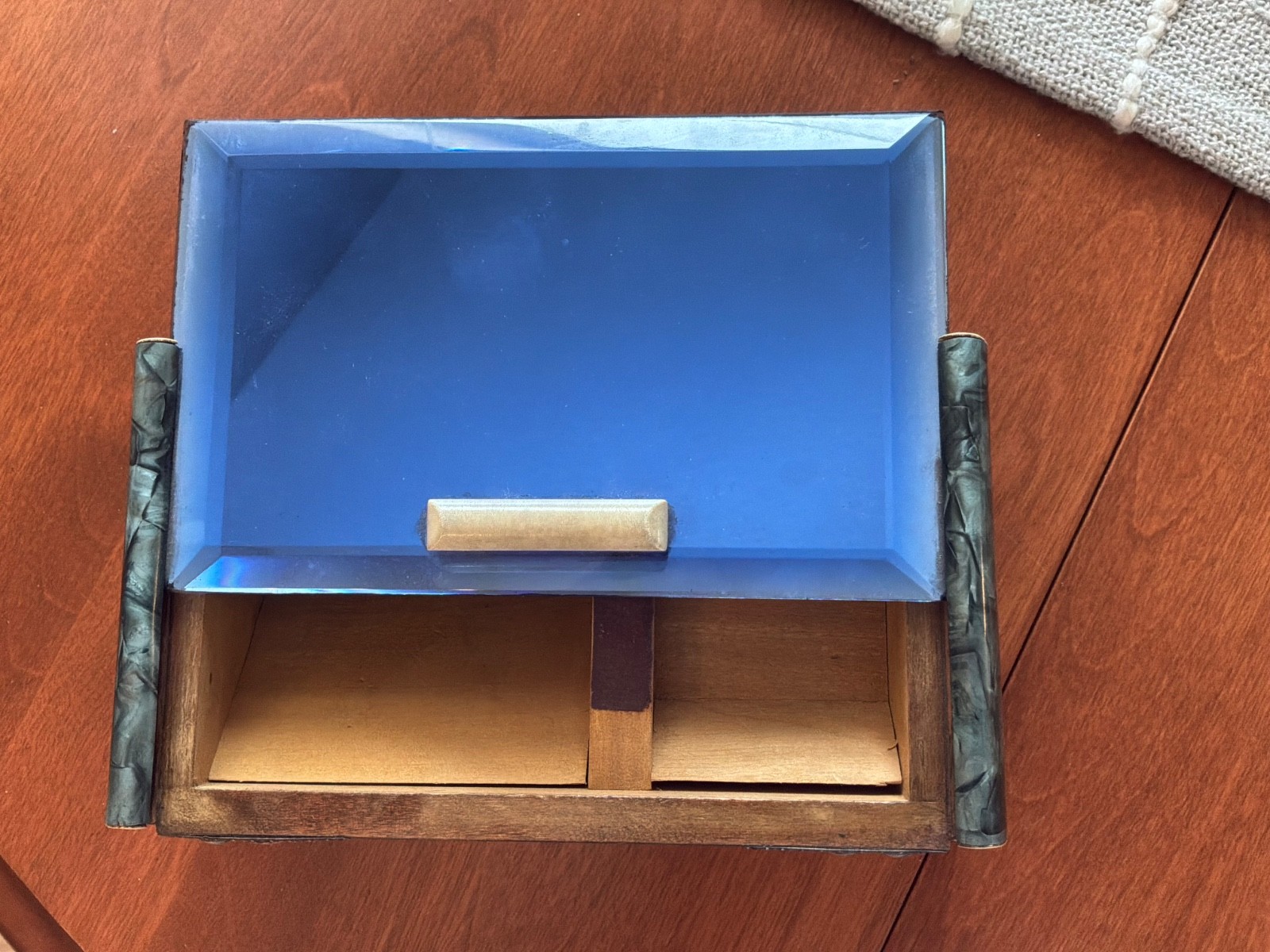 MCM 1960’s Blue Glass Top Table Humidor/ Cigarette Box Marked CIGARROS “RARE”