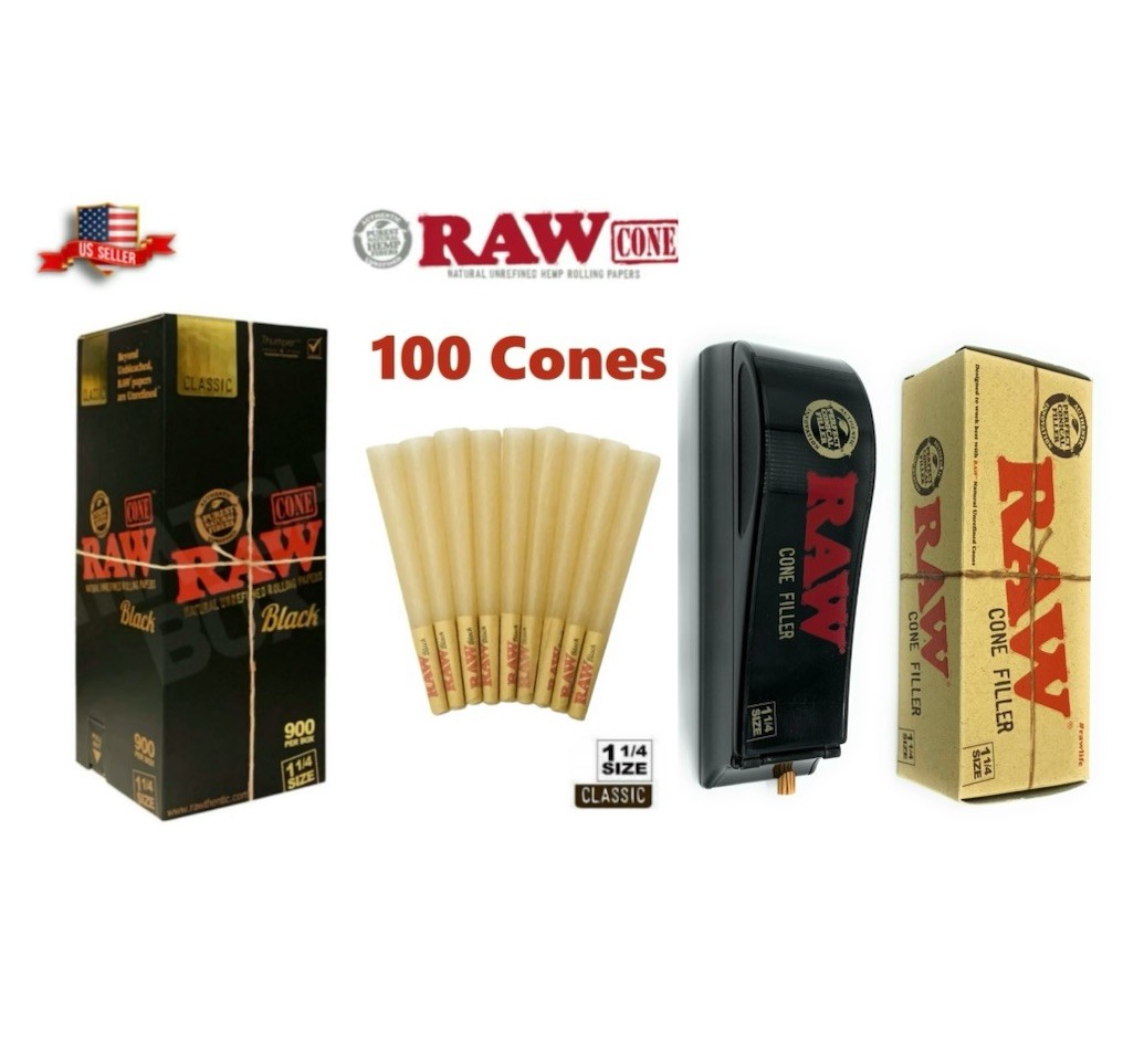 RAW black 1 1/4 size pre rolled cone + raw king size Cone Filler