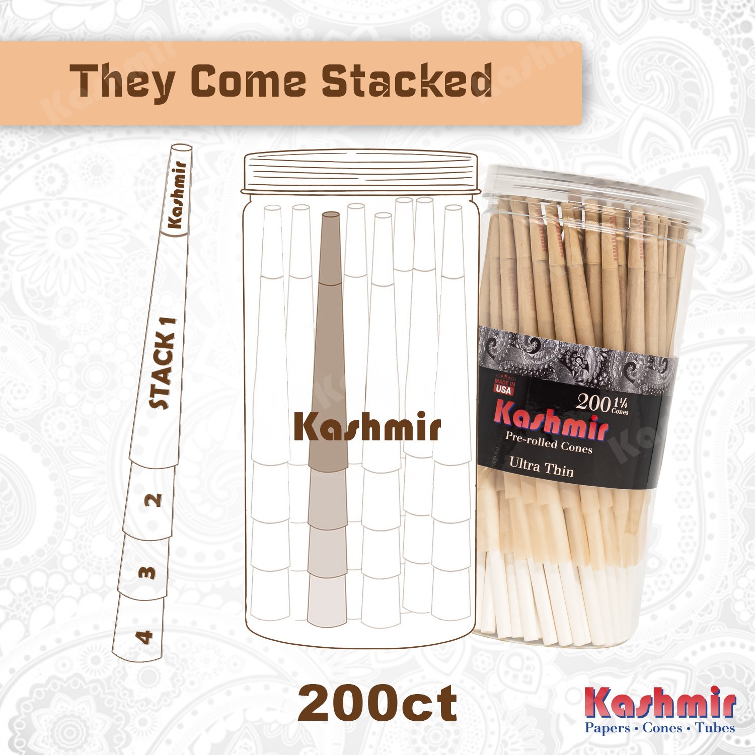 Kashmir Pre Rolled Cones 200 Ct Jar 1 1/4 Size Ultrathin Rolling Papers Cones