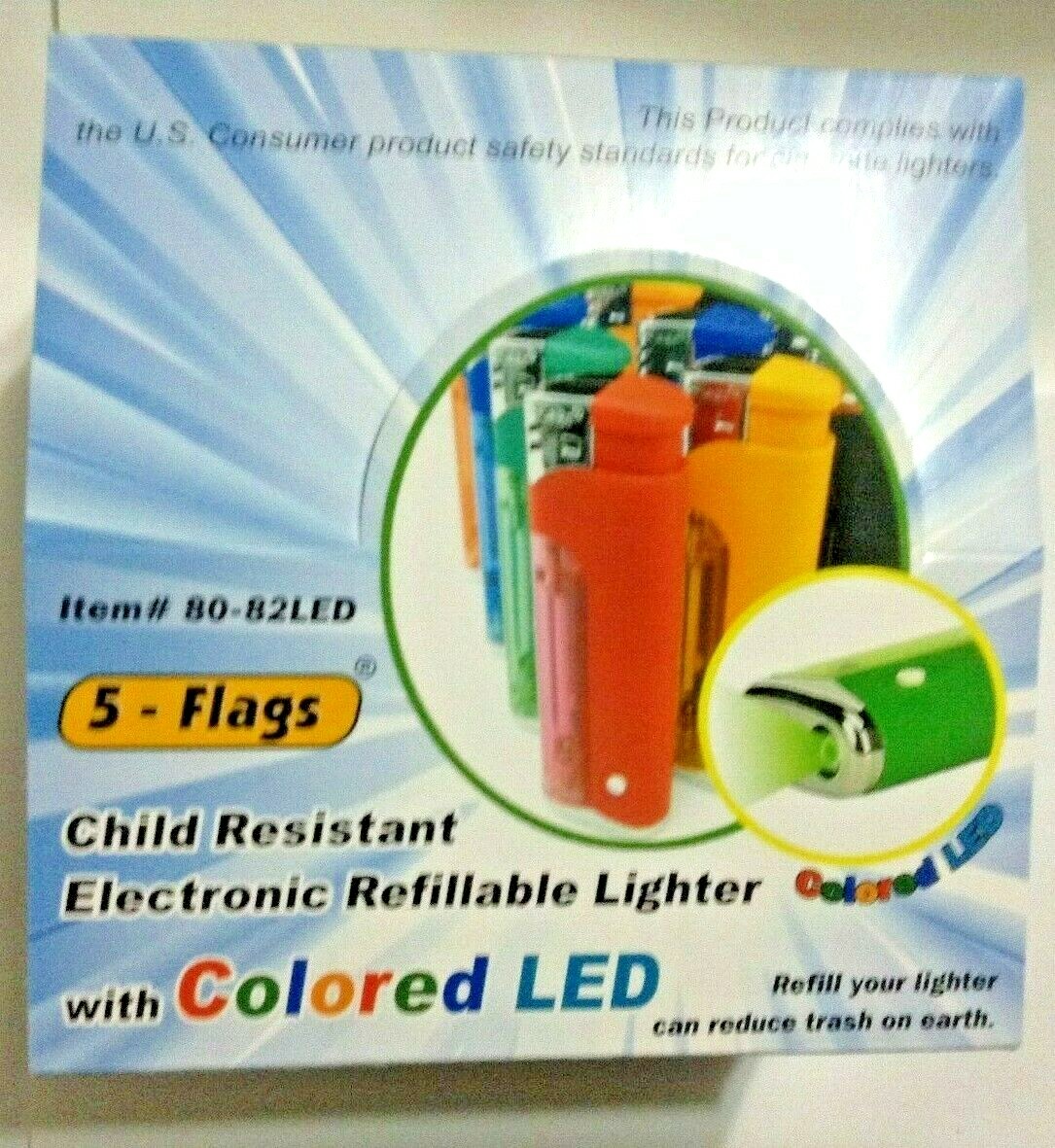 5 Flags LED Lighter Ass. Colors With LED Lighter 50 Pcs Display Box # 80-82 LED