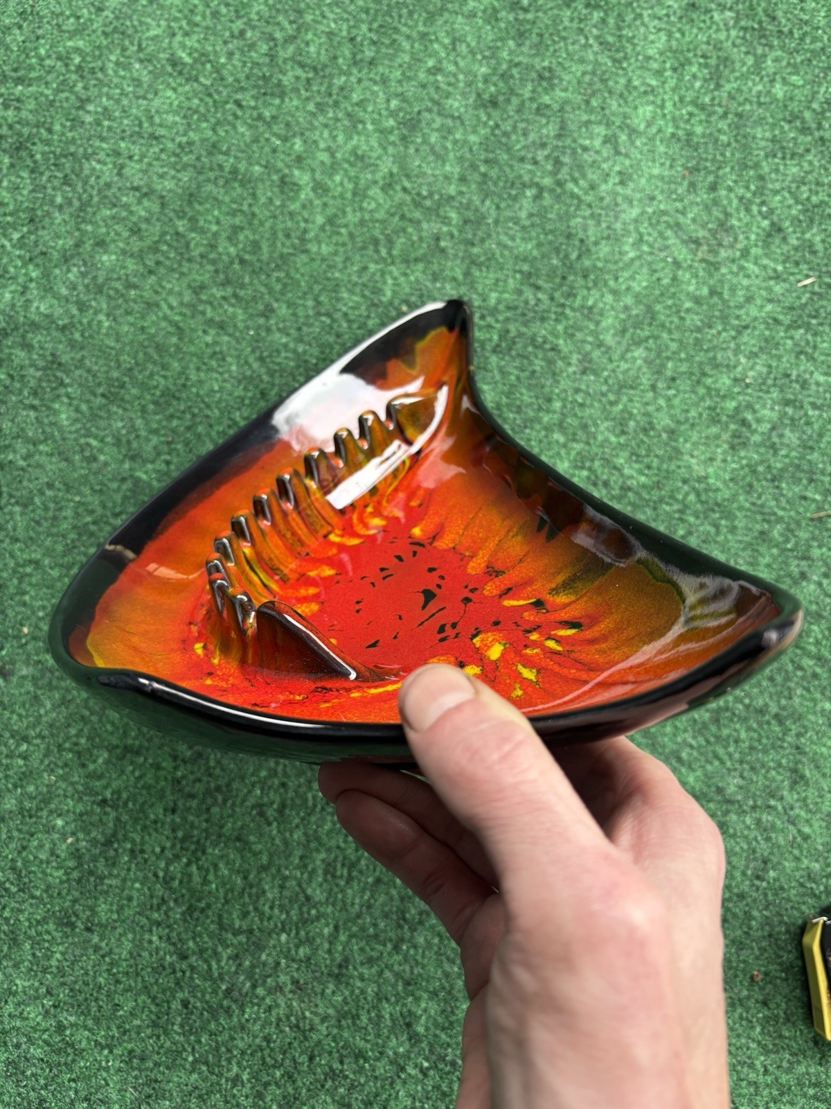 Vtg MCM Cali Pottery Ashtray Drip Atomic Lava Glaze Black Red Orange Ceramic