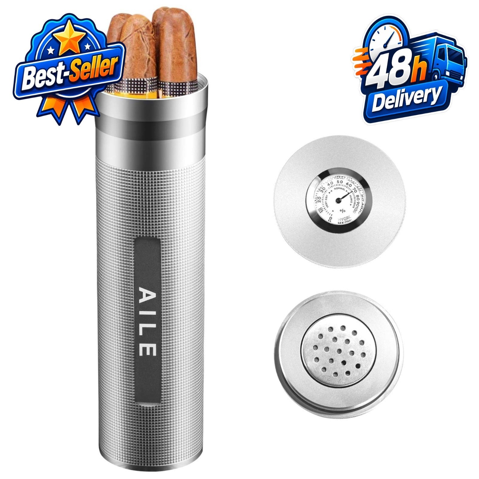 AILE Stainless Steel Cigar Humidor Travel Case for 3-4 Cigars