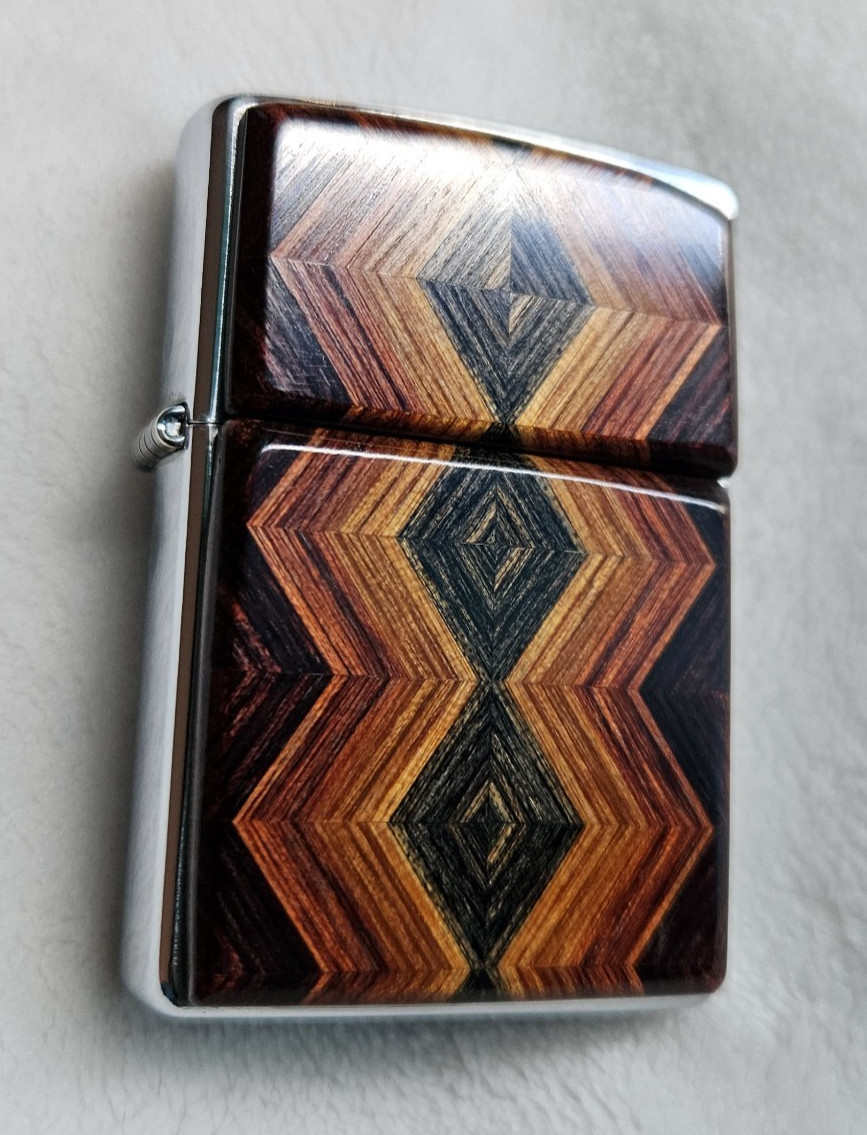 Zippo Lighter 2000 Geometric Art Deco Wood Veneer Plate/Emblem, Brushed Chrome