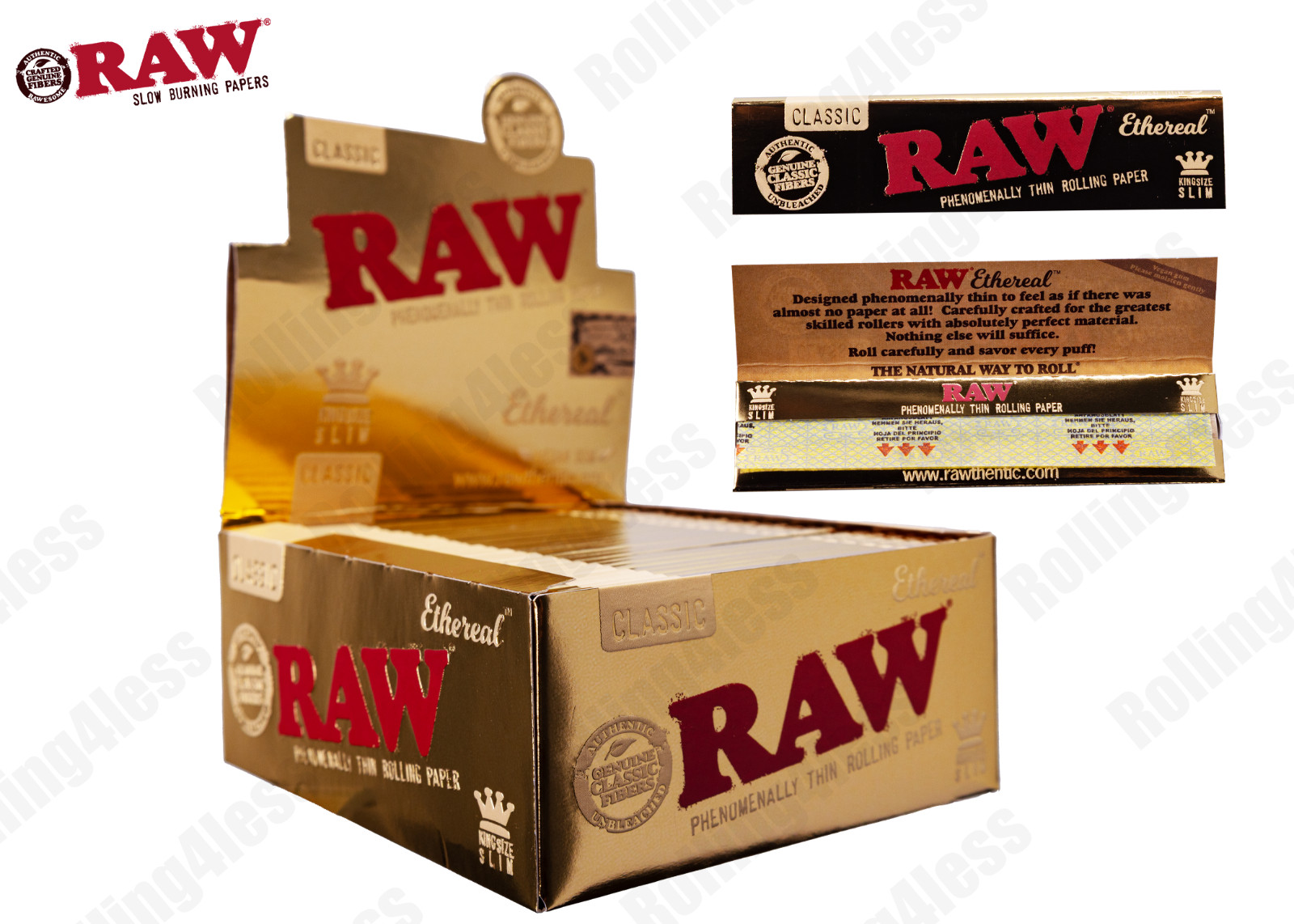 AUTHENTIC Raw Classic Ethereal KINGSIZE SLIM Unrefined Rolling Papers 50 Packs