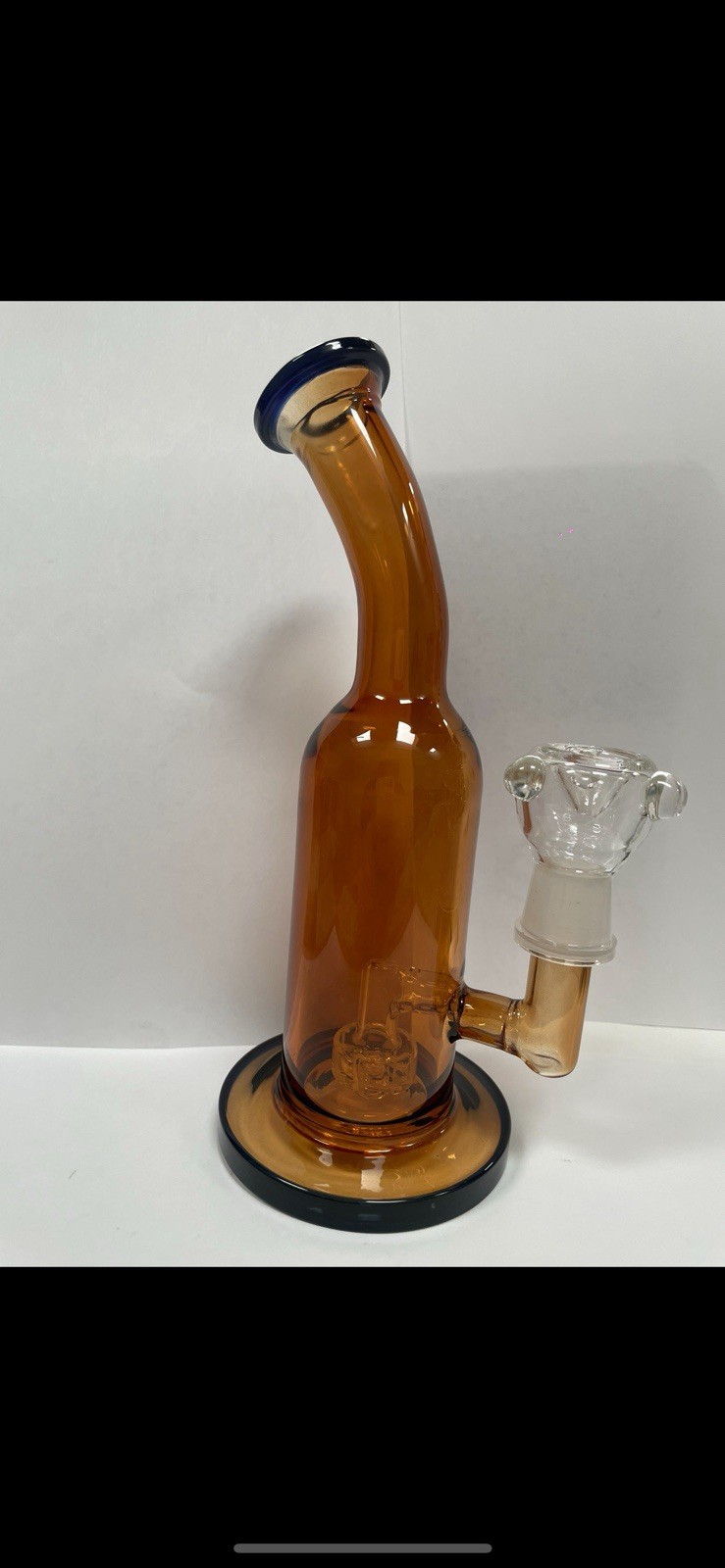 Amber Glass Water Pipe Bubbler Smoking Pipe w/ Clear Bowl, Black Accents