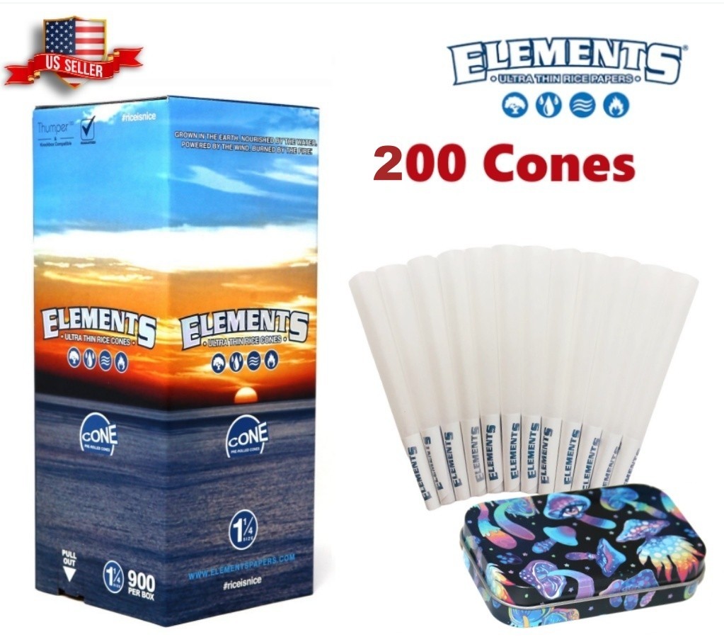 Elements Ultra Thin Rice Cones 1 1/4 Size 200 Pack 🌟 Storage Tin