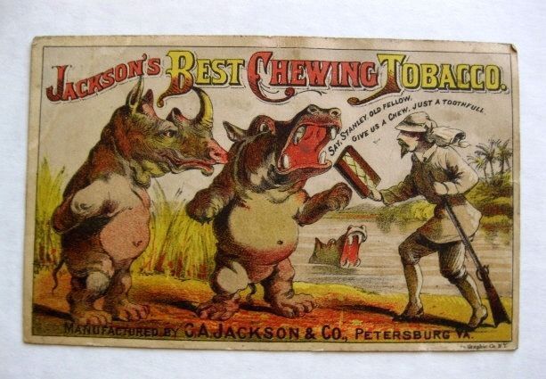 1870s Jackson’s Best Chewing Tabacco Trade Card w/ Rhino and Hippo