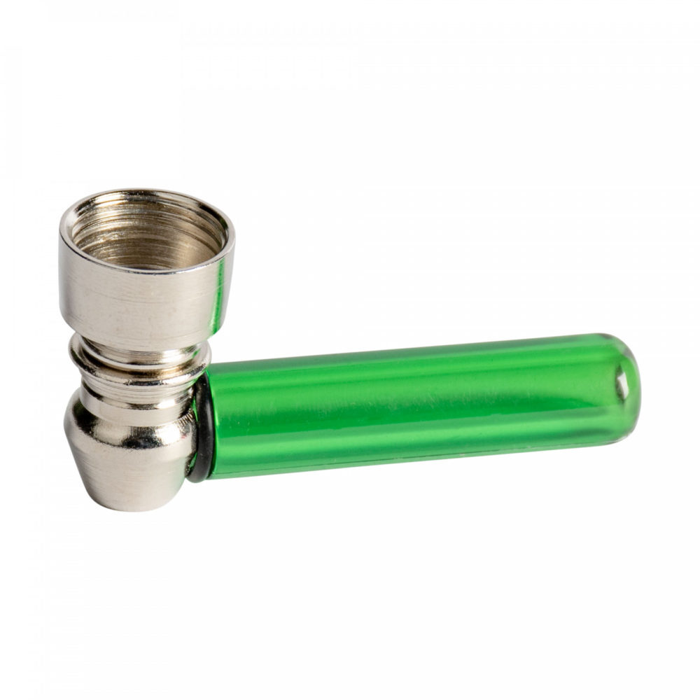 2.5″ Metal Hand Smoking Pipe w/Acrylic Chamber – SILVER/GREEN w/10 BRASS screens