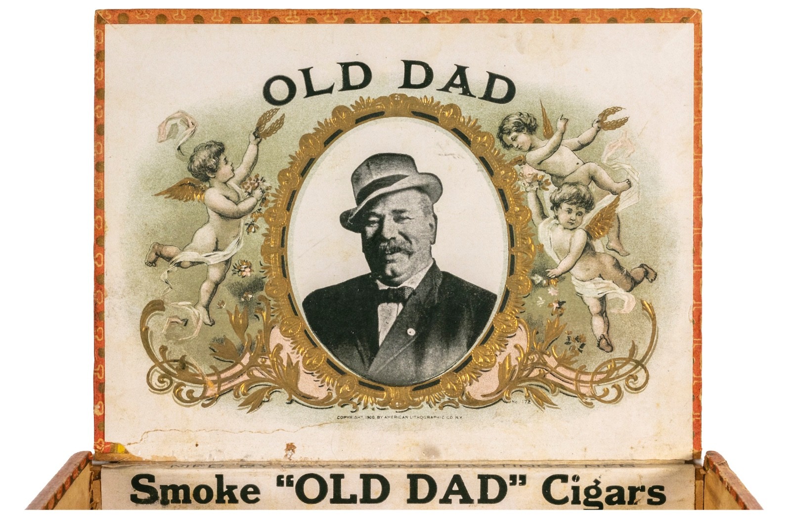 Scarce 1900s “Old Dad” 50 cedar cigar box is in fair condition