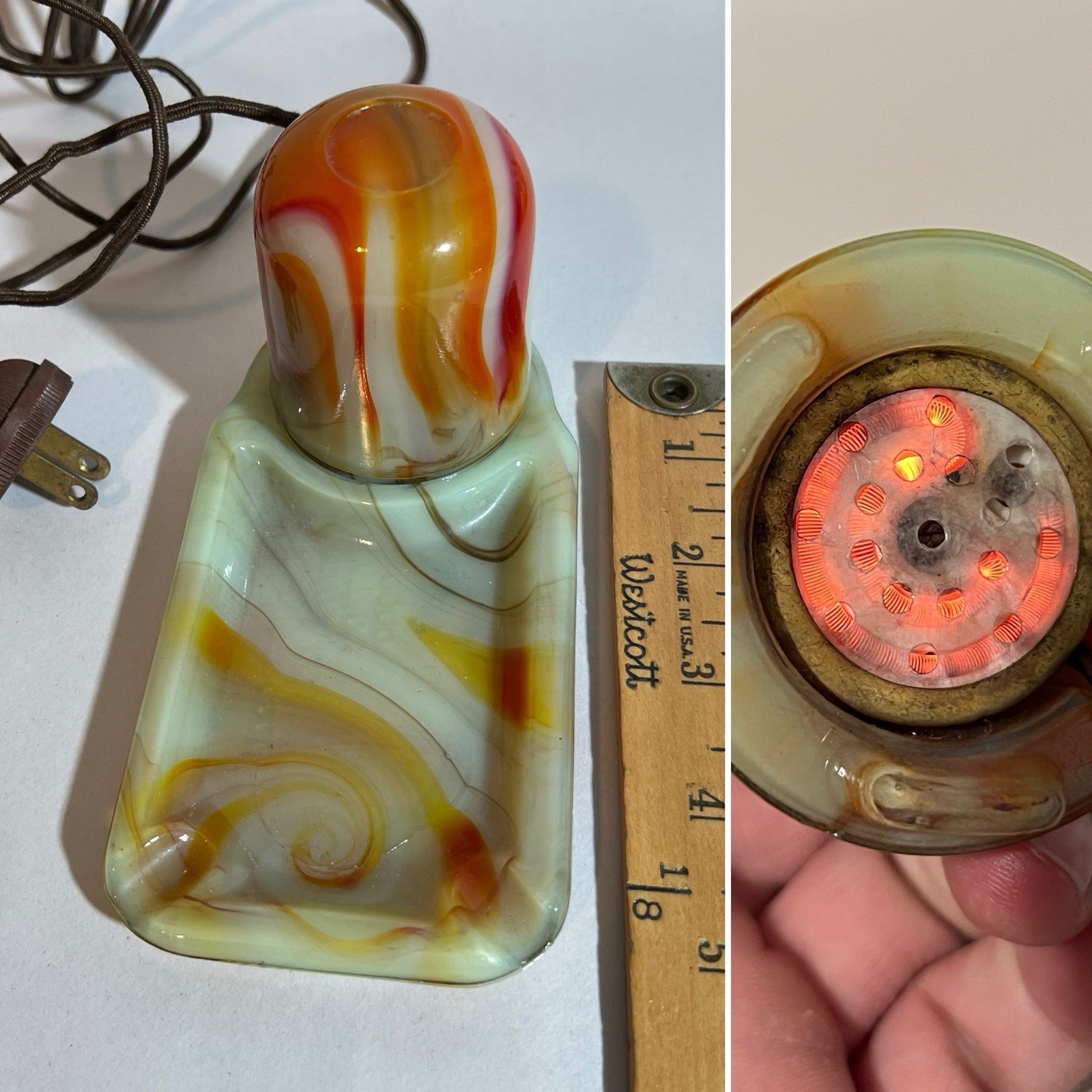VTG ART DECO GREEN SLAG SWIRL URANIUM GLASS LIGHTER & ASHTRAY VIDRIO PRODUCTS