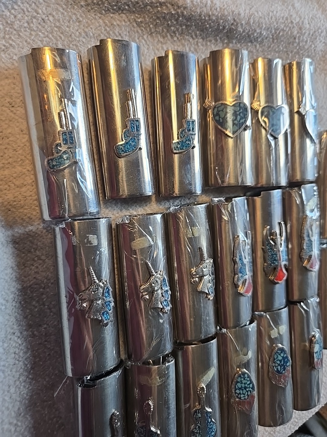 20 Vtg Lighter Case Lot HEART GUITAR UNICORN GUN Cover Holder Turquoise for Bic