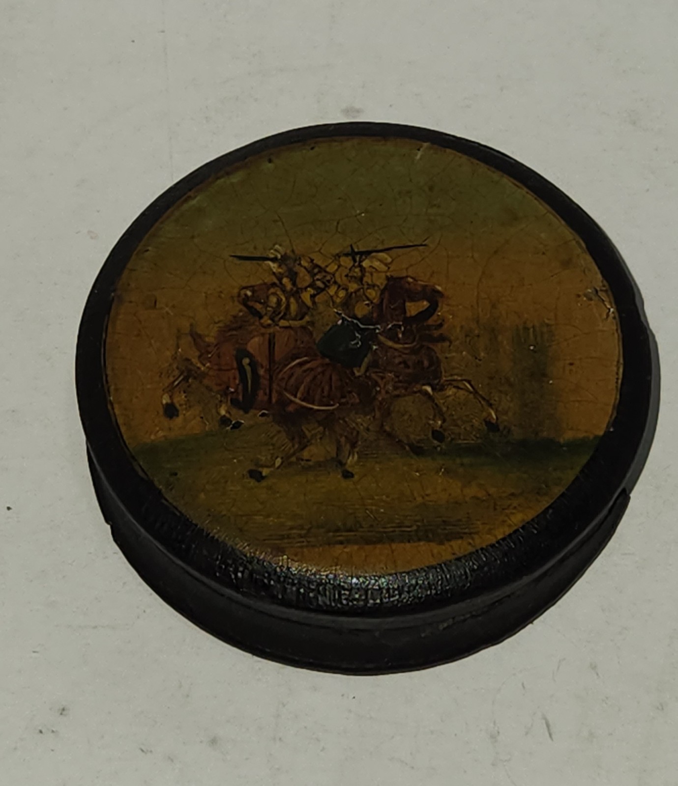Antique 19thC Papier Mache Lacquer Snuff Box Hand Painted Cavalry Battle Scene