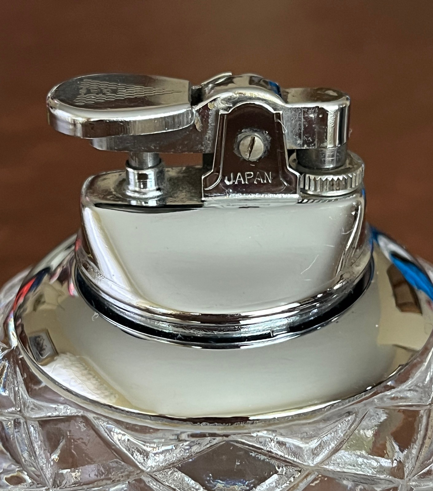 Vintage 60’s – 70’s Cut Crystal Glass & Chrome Table Top Lighter Japan MIJ