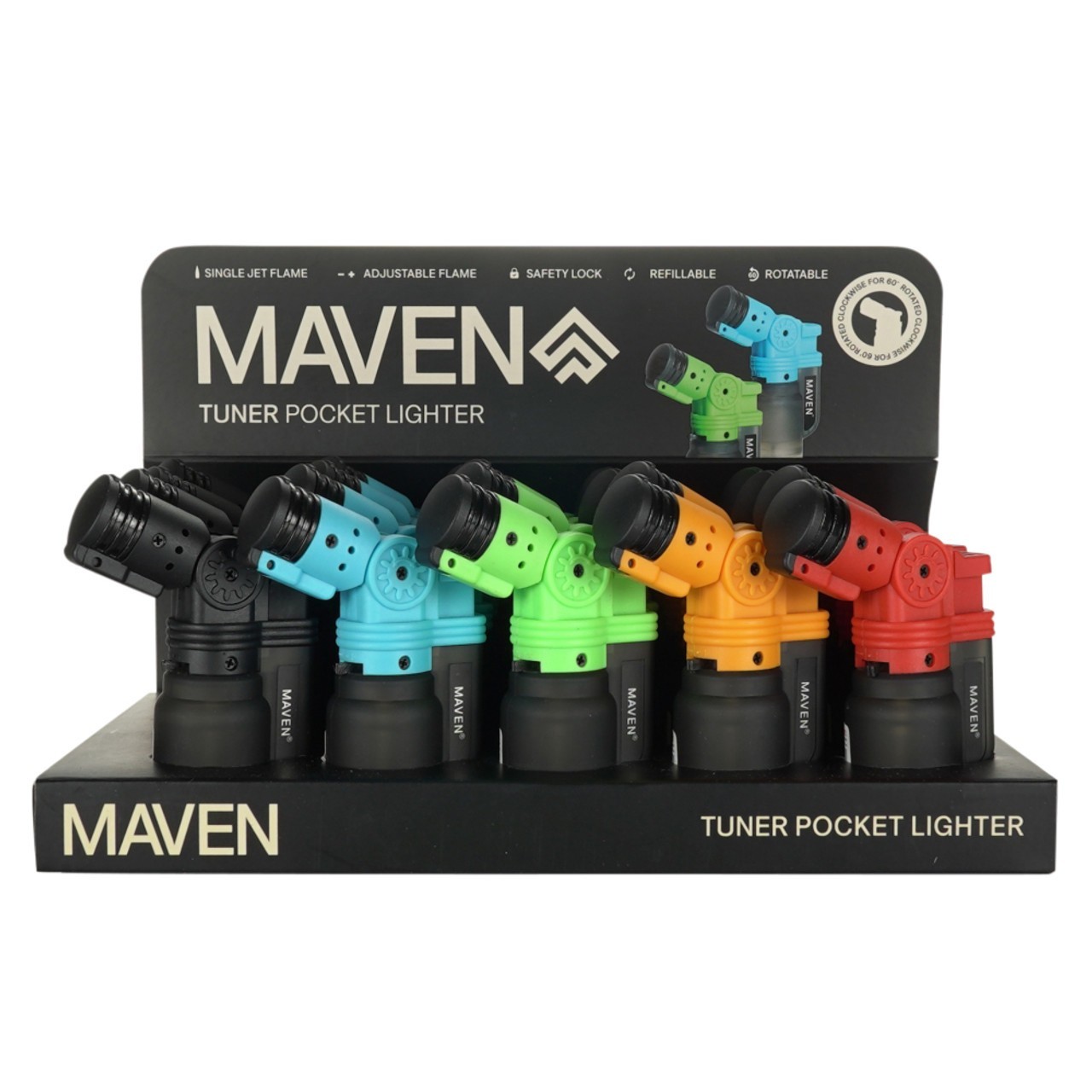 Maven Tuner Pocket Torch Lighters 20 Pack Display Windproof Refillable