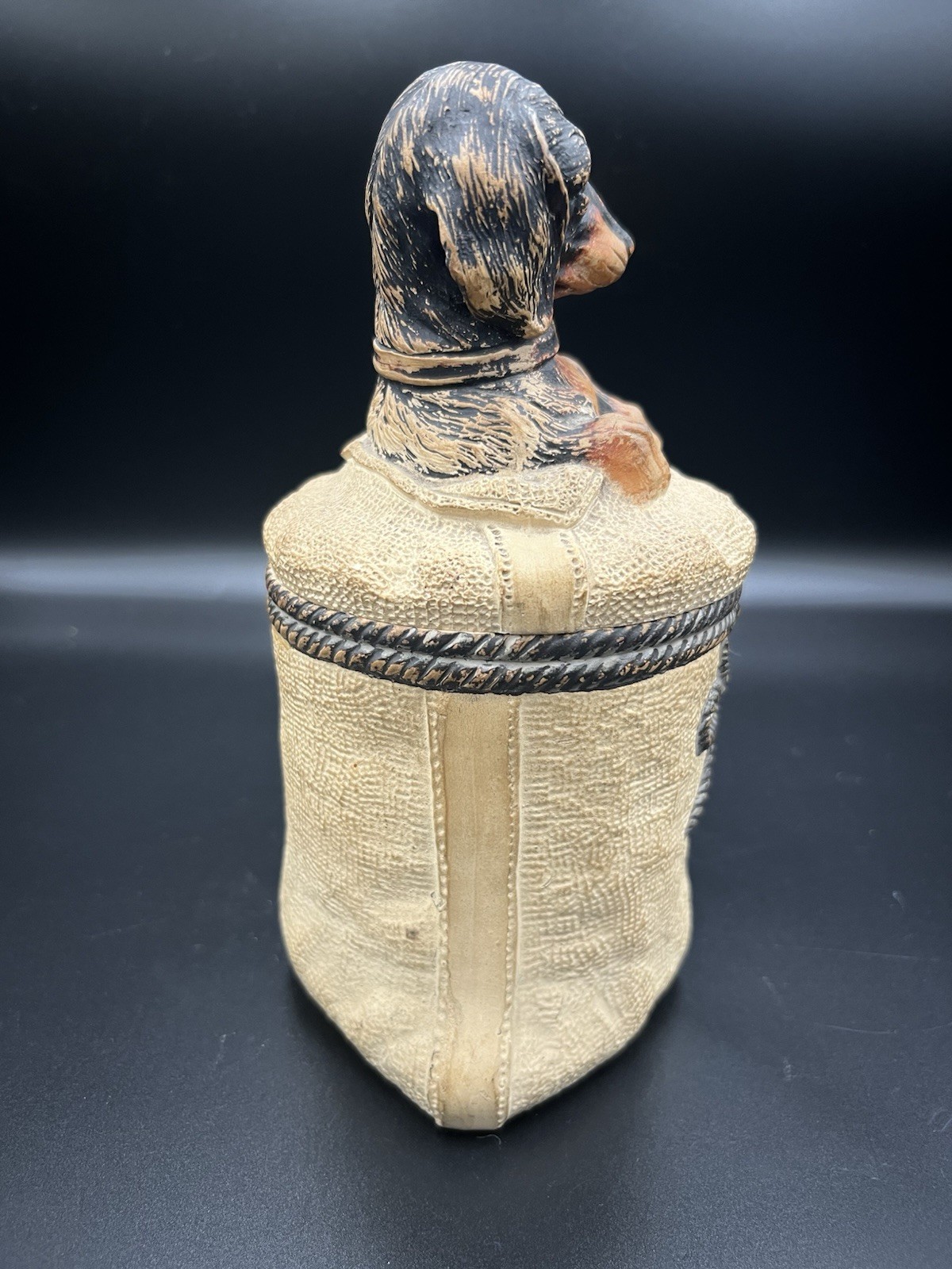 Antique Johann Maresch Dachshund Tobacco Jar Humidor Dog on Burlap Sack Austrian