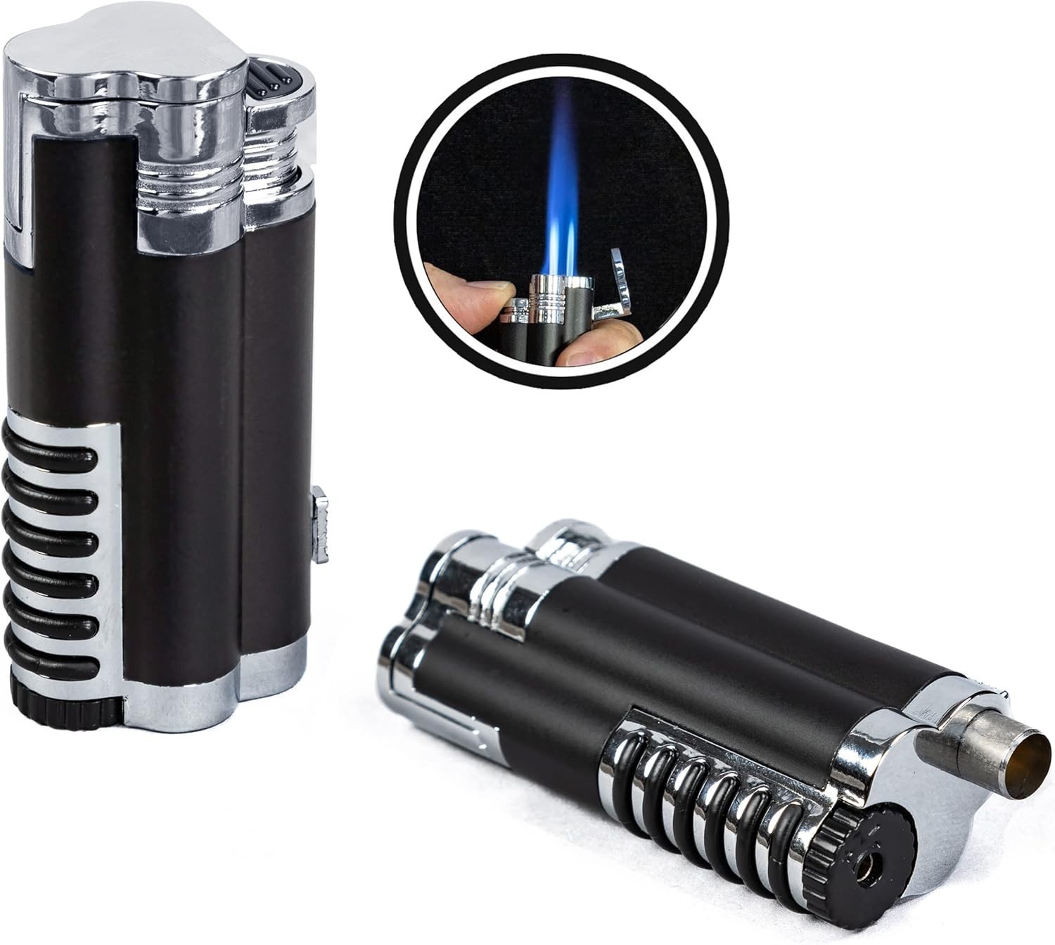 Cyclone Triple Torch Cigar Lighter with Punch Cutter – Chrome & Black Elegance