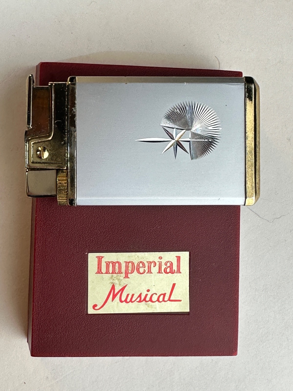Vintage, working, Imperial Royal Musical MR-500 Silver Gas Lighter with Case