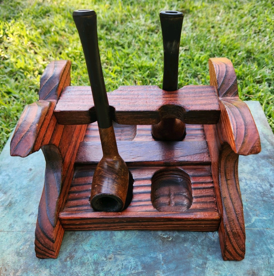 Set Of 2 Vintage Briarwood Tobacco Pipes With Handmade Stand
