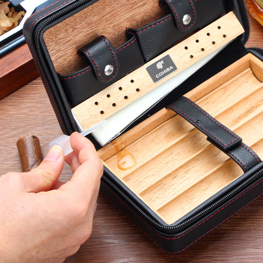 Travel Cedar Cigar Humidor Wood Box Leather Humidor Box 4 Cigars Cutter Lighter