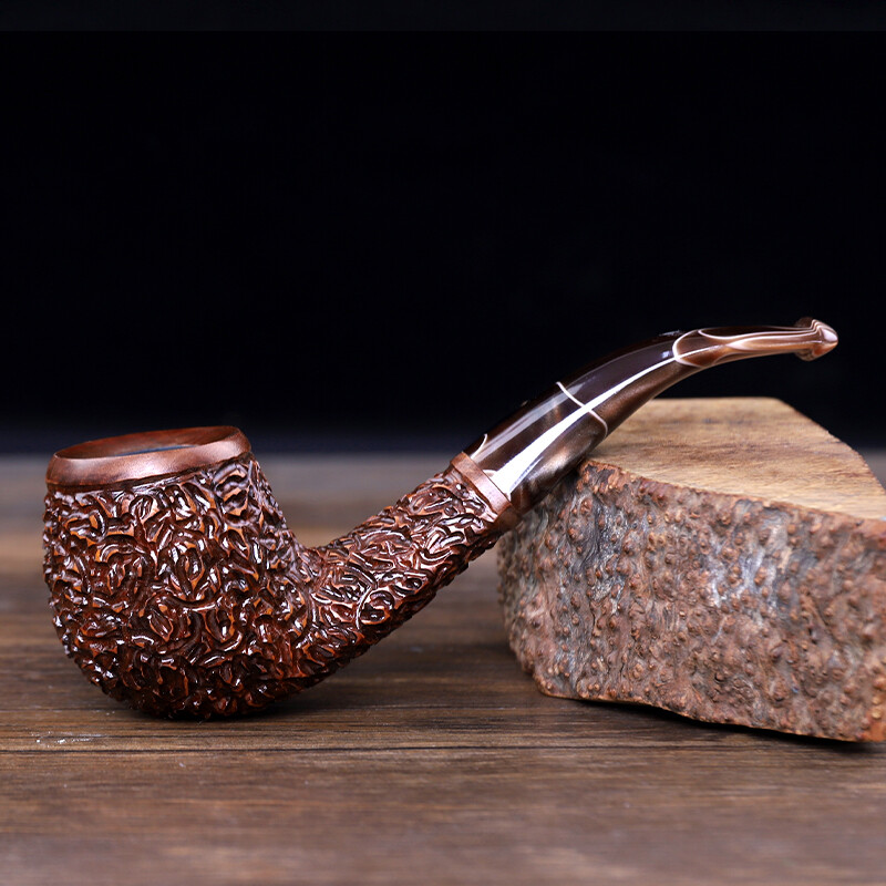 Rusticated Briar Tobacco Pipe 9mm Filter Carved Smoking Pipe Acrylic Taper Stem