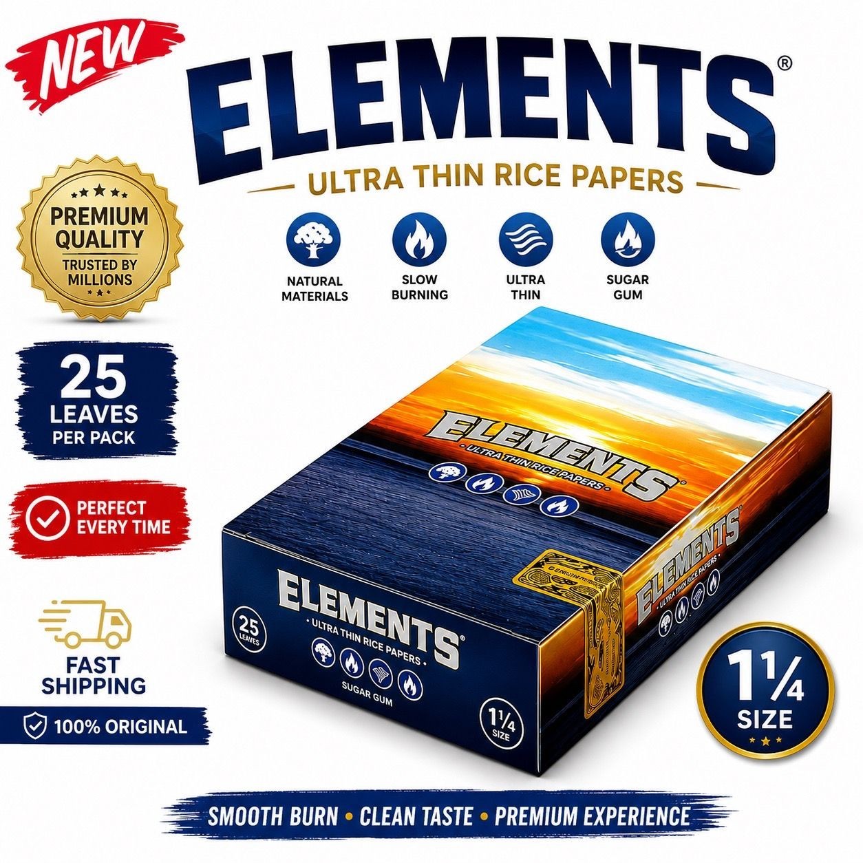 Elements 1.25 1 1/4 Size Ultra Thin Rice Rolling Paper Full Box of 25
