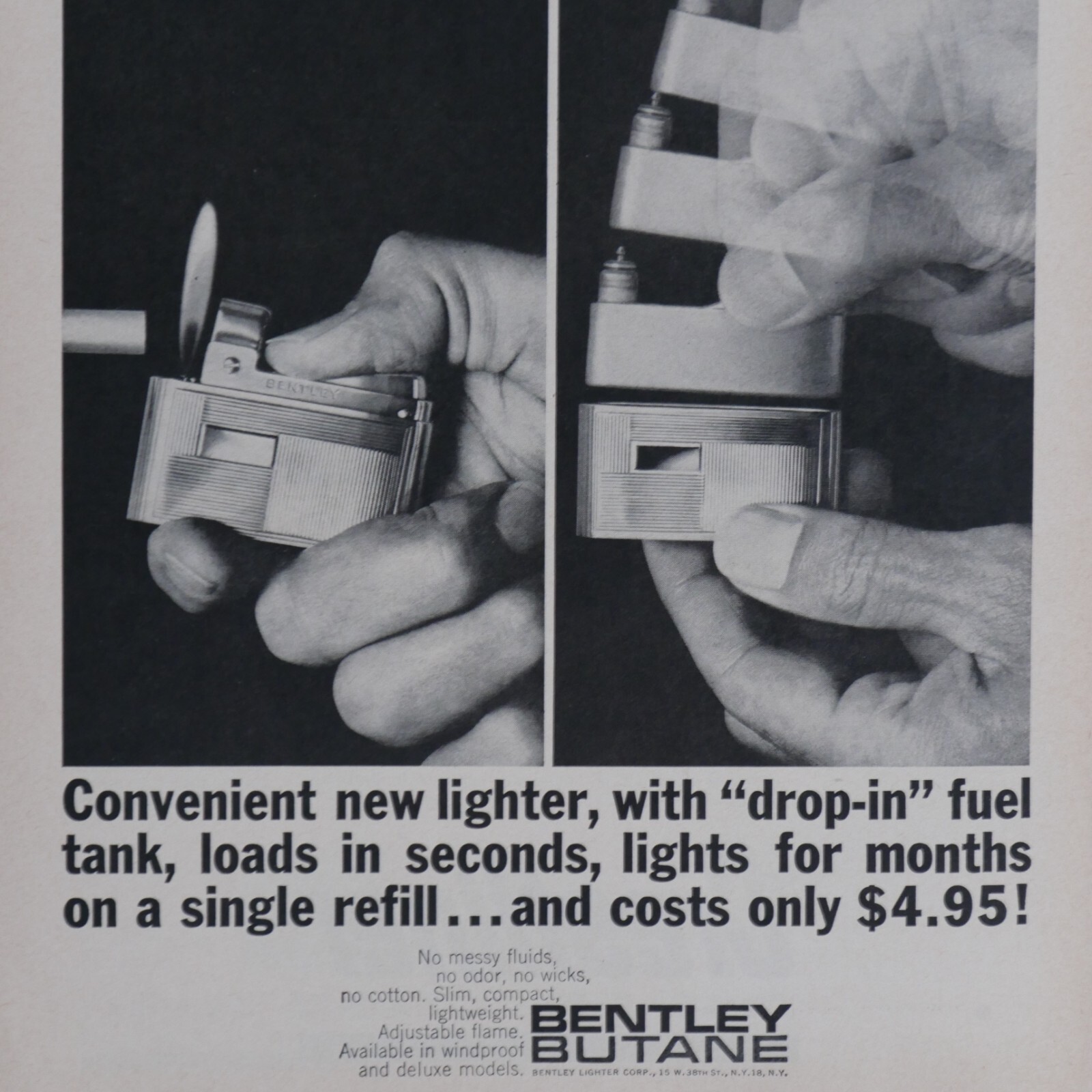 1961 Bentley Butane Lighter Vintage Drop In Fuel Tank Original Print Ad 8.5 x 11