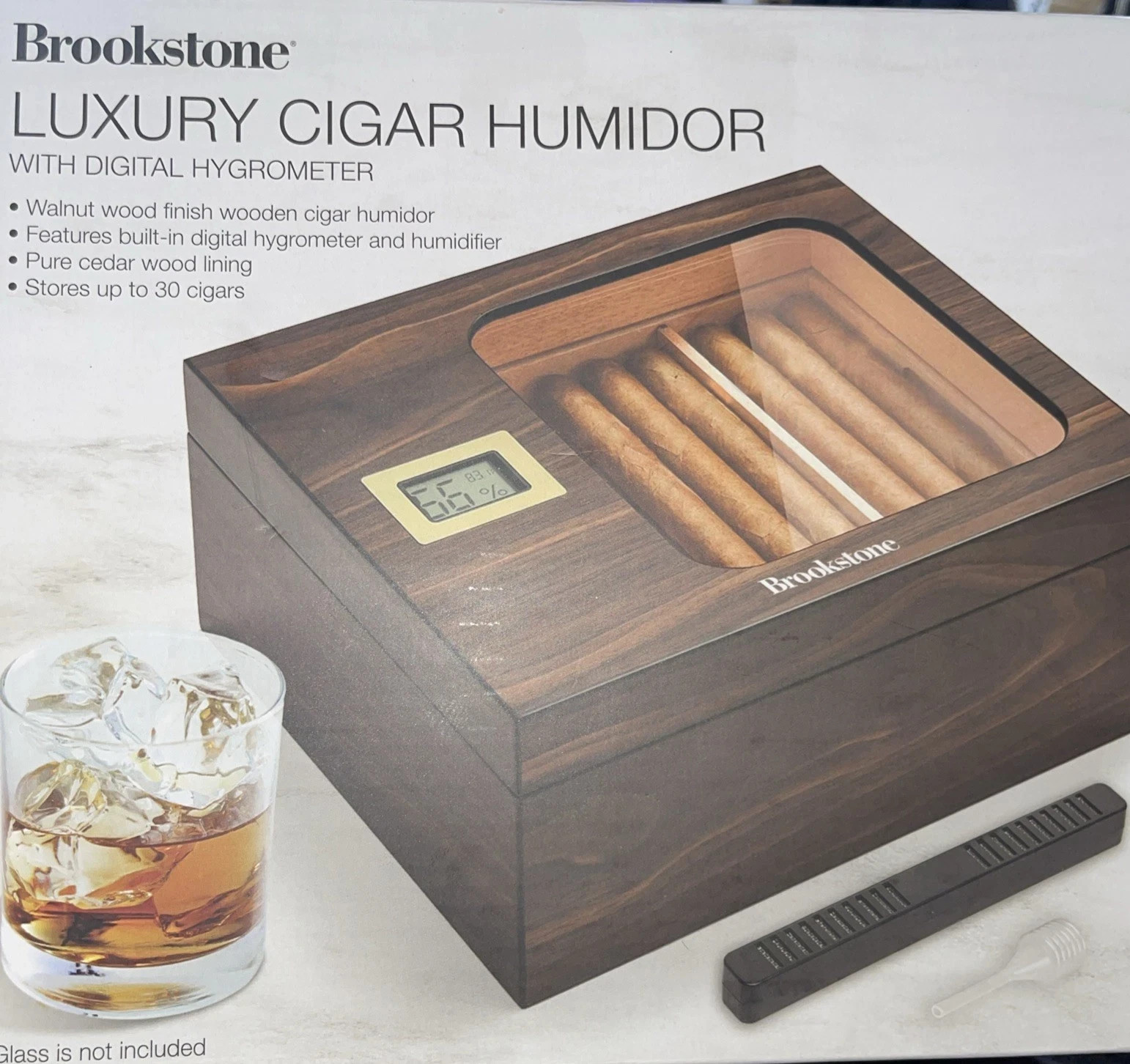 Brookstone LUXURY CIGAR HUMIDOR w/ Digital Hygrometer stores 30 cigars
