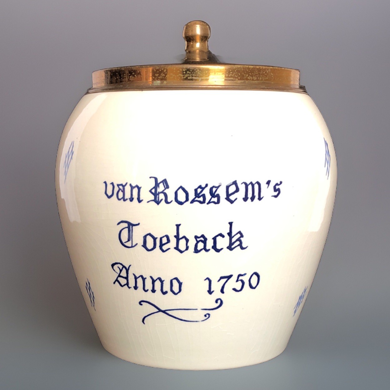 Vintage Old Dutch Tobacco Jar Delft VAN ROSSEM’s TOEBACK ANNO 1750 Blue & White