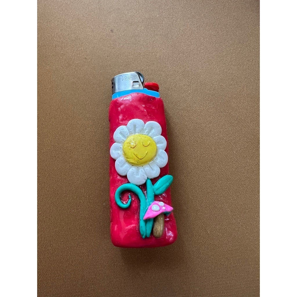 Handmade Pink / Red Polymer Clay Lighter Case Daisy Mushroom 3D Floral Accessory