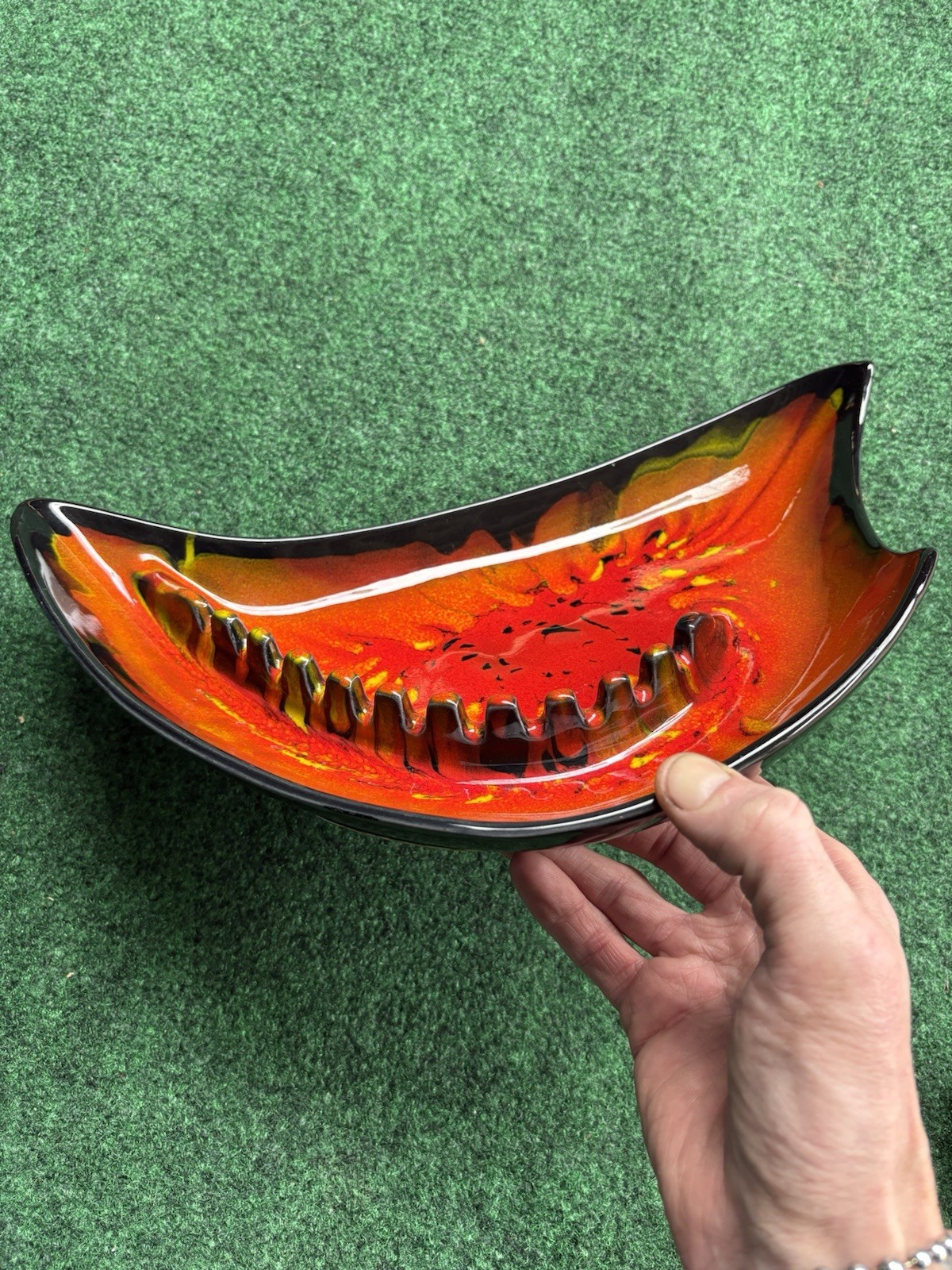 Vtg MCM Cali Pottery Ashtray Drip Atomic Lava Glaze Black Red Orange Ceramic