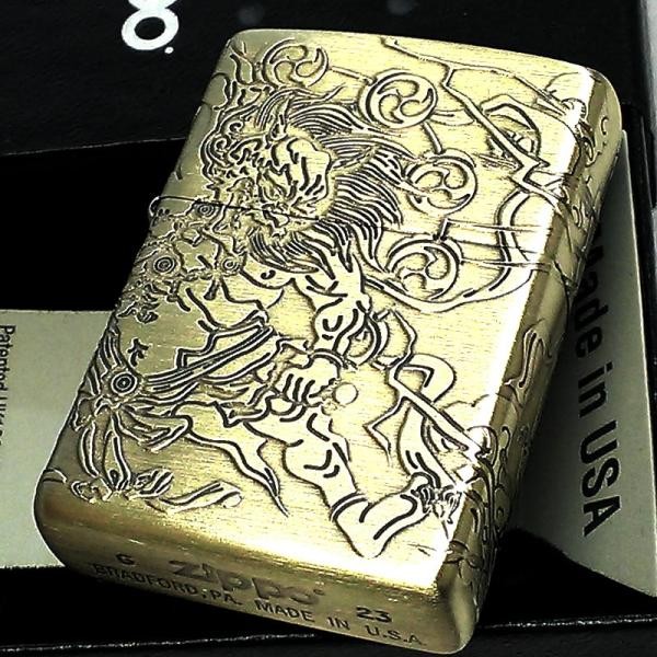Fujin Raijin Four Sided God of Wind God of Thunder Brass Zippo Oil Lighter MIB