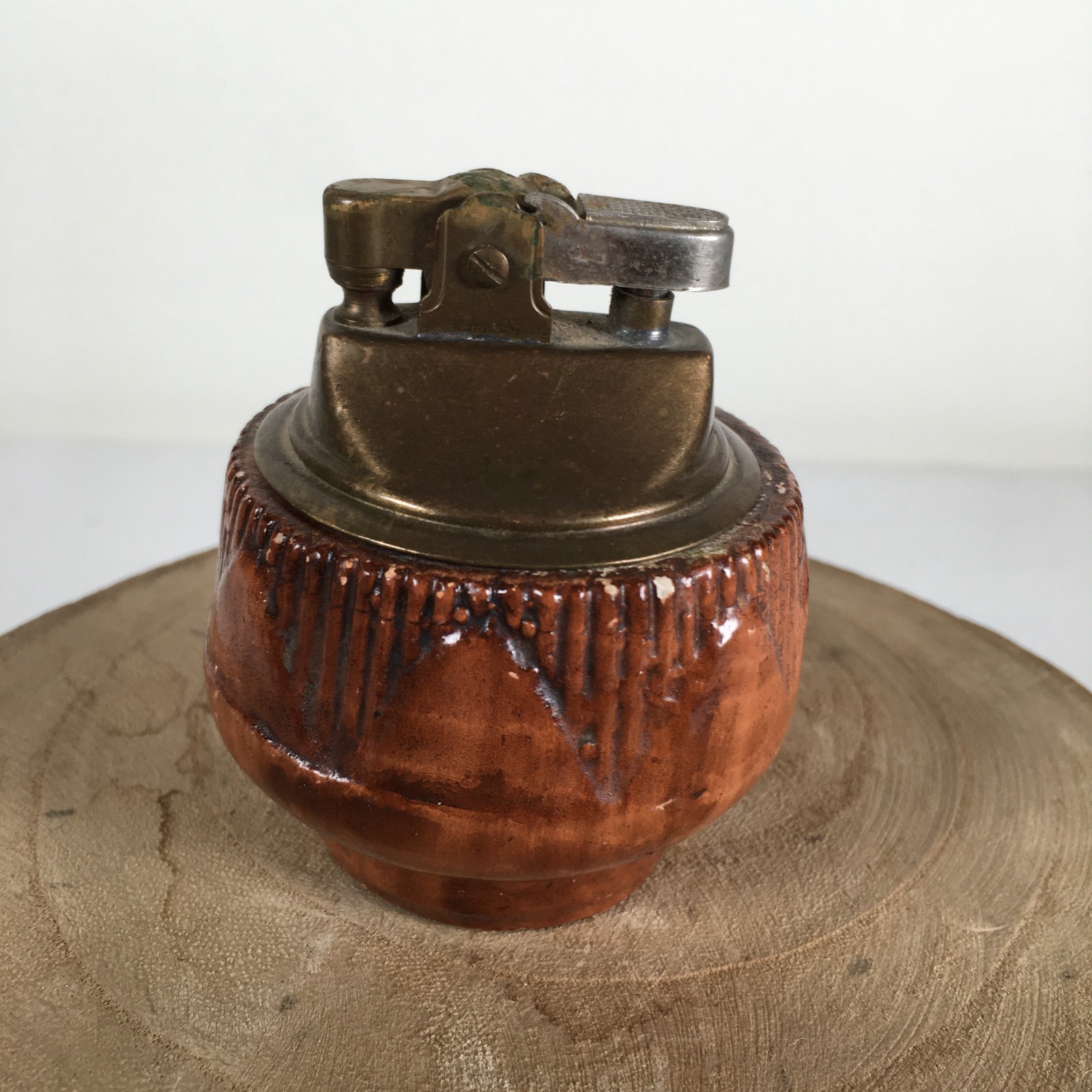 Vintage Brass & Wood Hand Carved Ornate Tabletop Cigarette Lighter