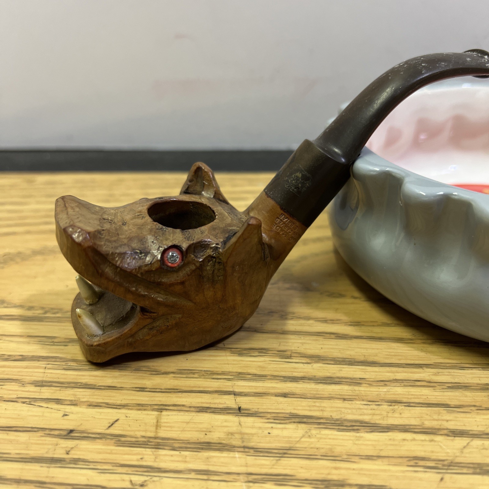 Vtg 1950s Hand Carved Italian Briar Glass Eye Hippopotamus Smoking Tobacco Pipe