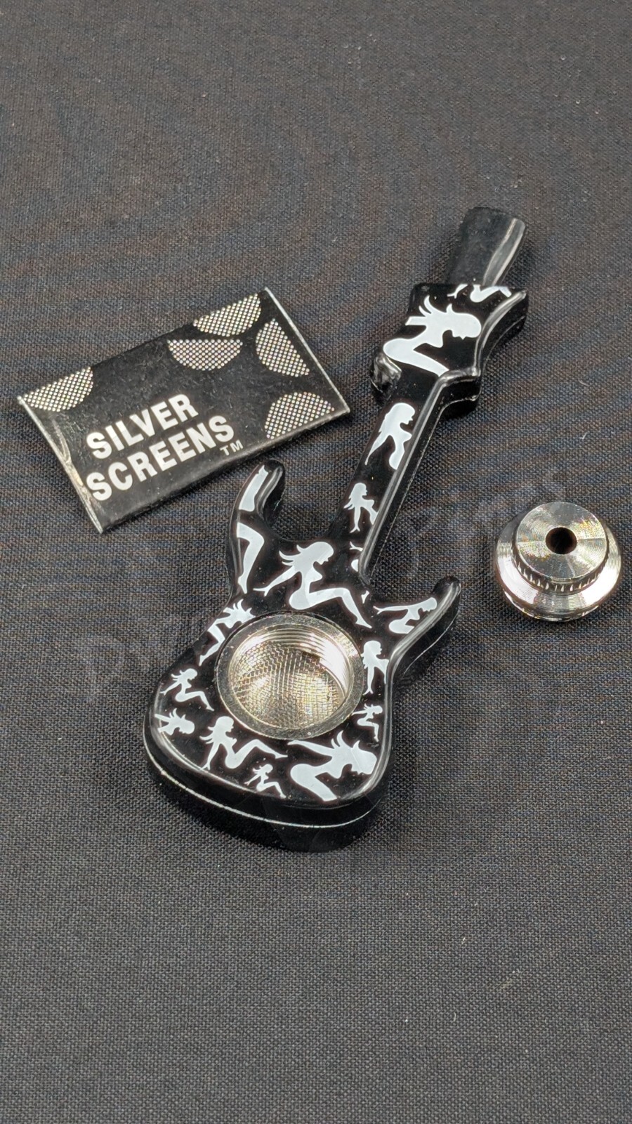 4” Metal Tobacco Smoking Bowl Hand Pipe Guitar Style Black+ 5 Free Screens