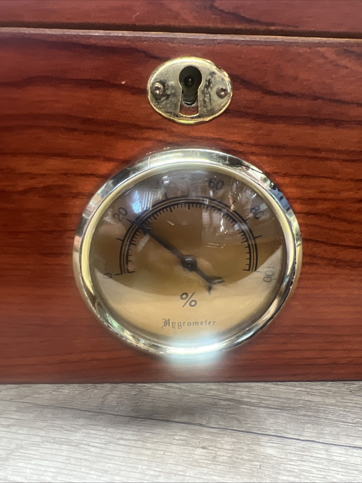 Bally II Cigar Humidor Wood Box, Beveled Glass Top, External Analog Hygrometer