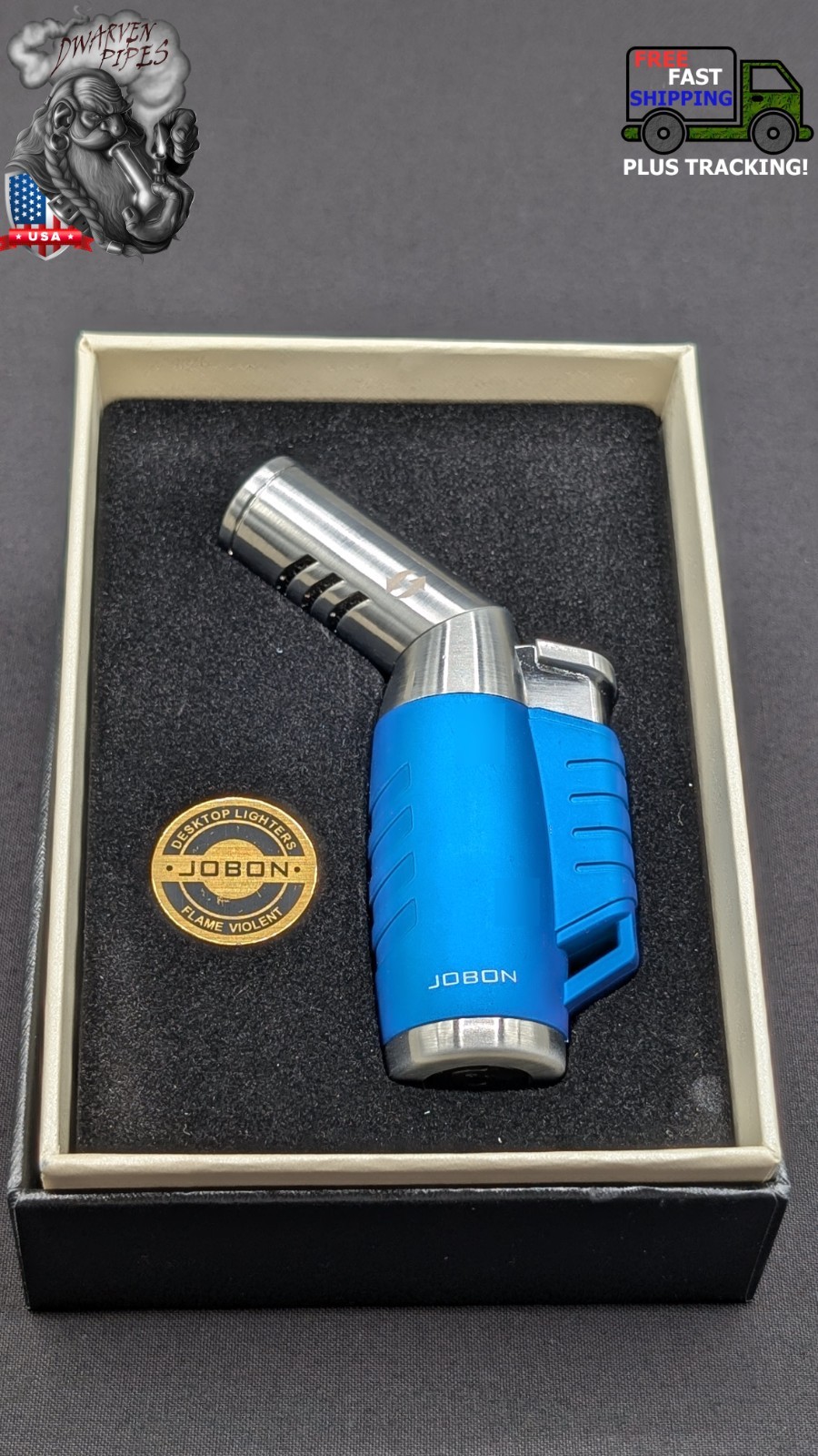 Jobon 3 Jet Torch Butane Lighter with Adjustable Nozzle – Blue