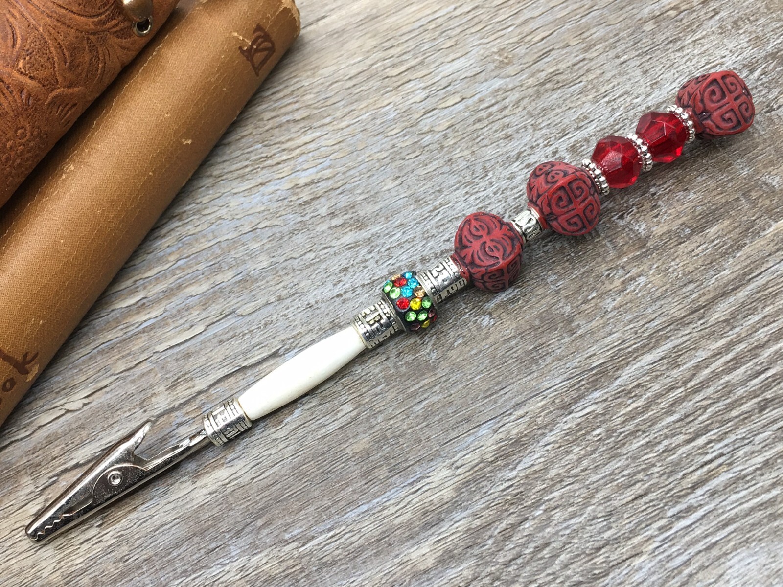 Bug’s Homemade Beaded Designer Roach Clip 6” Long “Fire” Red 