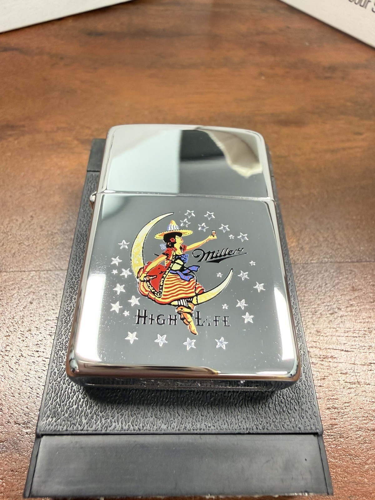 GENUINE Zippo Lighter MILLER HIGH LIFE LADY ON MOON Polished Chrome 1996 NEW
