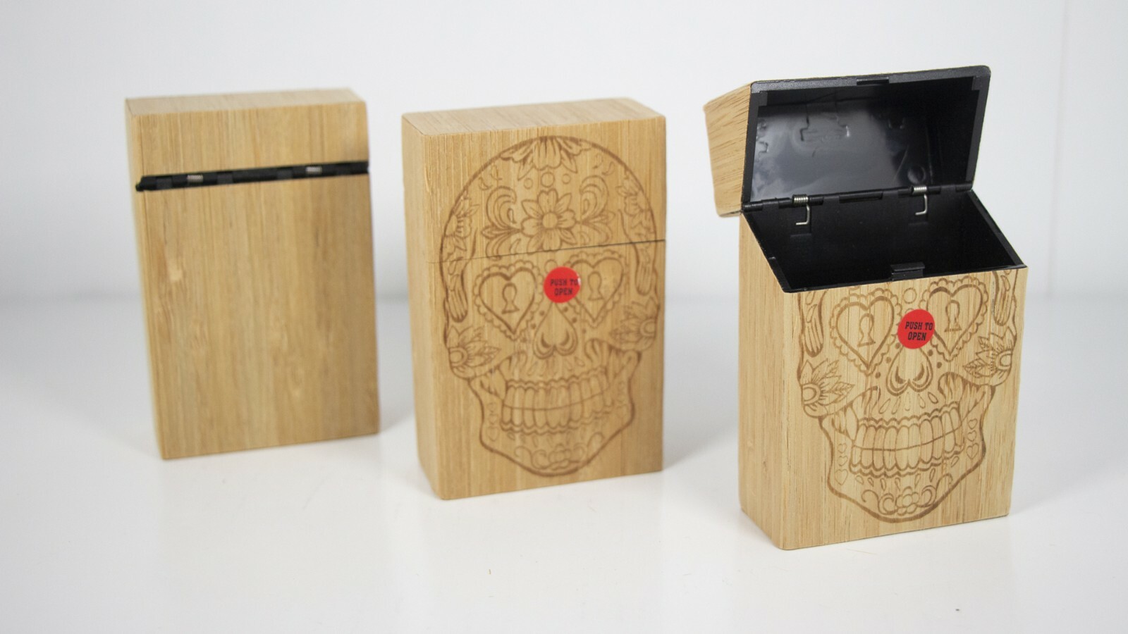 12 Sugar Skull Wooden Finish Push Open Cigarette Case Pack Holders for King Size