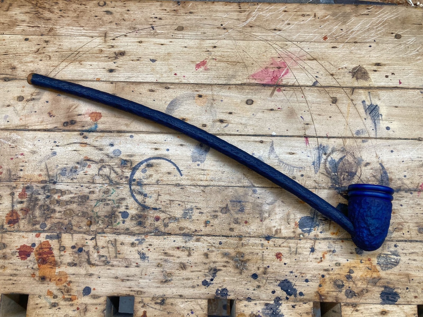 Wizard Smoking Pipe Long Stem Tobacco Pipe Rustic Black and Blue with Rings