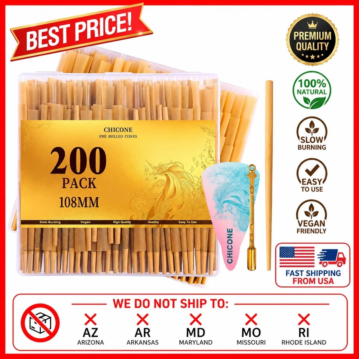 200 Pack Pre Rolled Cones | Natural Slow-Burning Cones Rolling Paper | 108mm Kin