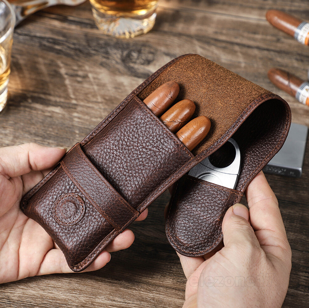 3 Tubes Genuine Leather Cigar Case Travel Humidor Portable Cigars Cutter Holder