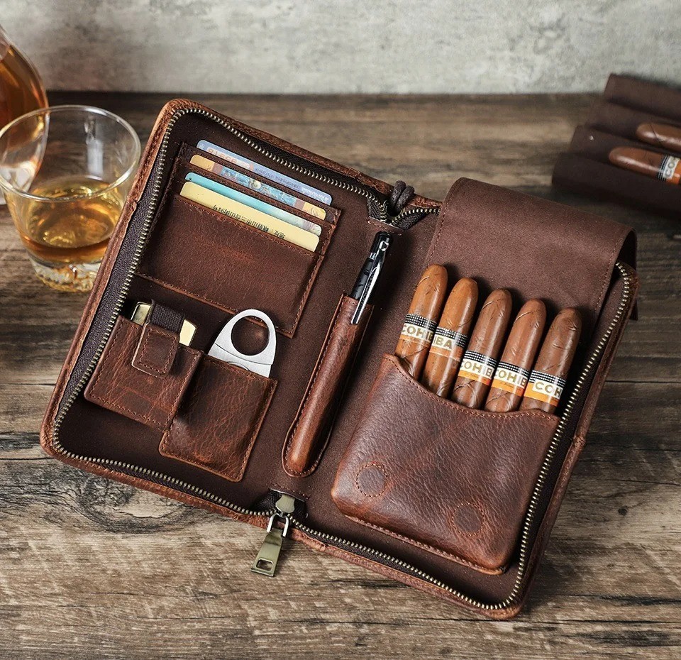 Genuine Leather Cigar Case Passport Travel Humidor set Lighter cutter Pocket Box